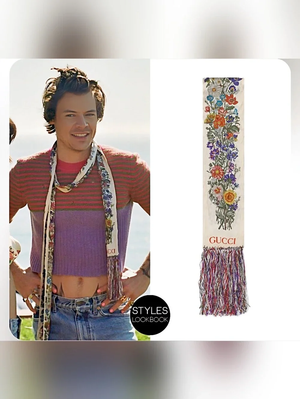 Gucci Silk Floral Bandau Skinny Scarf with Multicolor Fringe